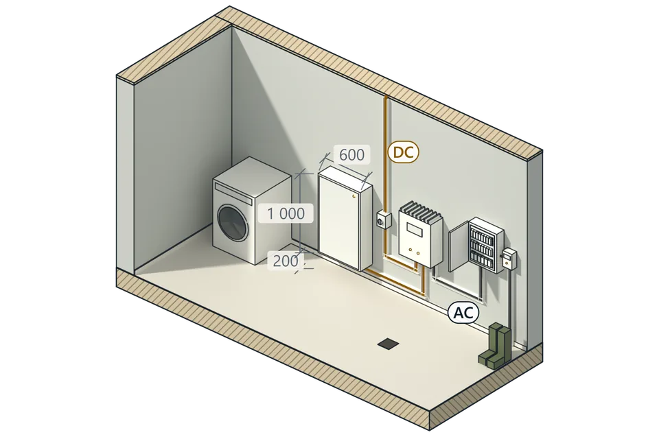 Modell av en tvättstuga med batteriskåp 600 × 1 000 mm som hänger 200 mm över golvet, DC-brytare, hybridväxelriktare, kabelkanal, elcentral och elmätare, med tvättmaskin och stövlar för skala