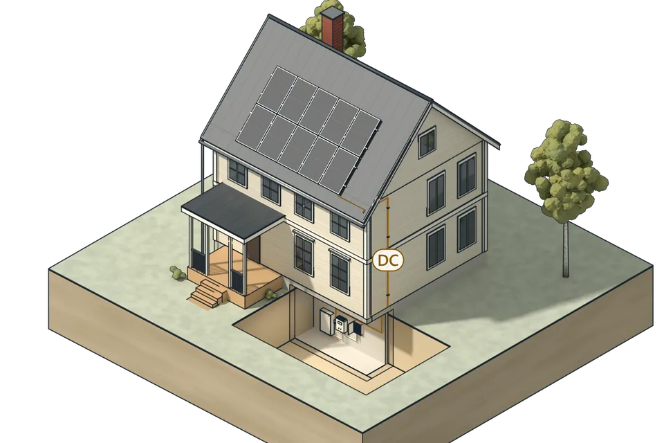 Modell av en sekelskiftesvilla med 2 × 5 solpaneler på falsklämmor på plåttaket, DC i rör längs gaveln ner i en uppgrävd källare med batteriskåp, DC-brytare, växelriktare och elcentral
