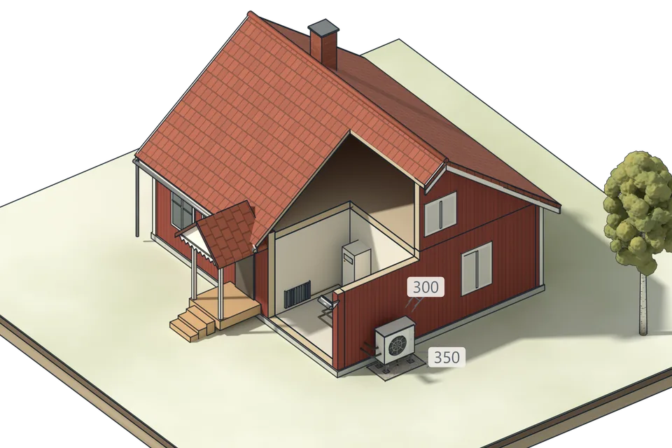 Modell av en faluröd 1½-planvilla en frostig morgon: värmepumpens utedel på stativ vid gaveln, två isolerade vattenrör genom ytterväggen och ett uppskuret grovkök med innemodul och radiator