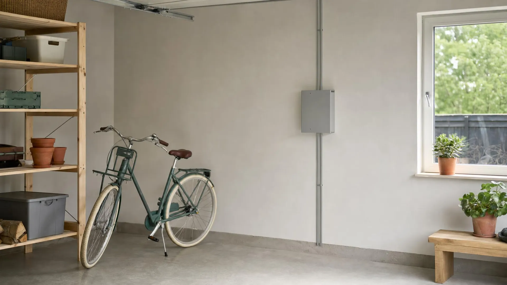 Rent och ljust garage med plats för ett hembatteri och en elcentral