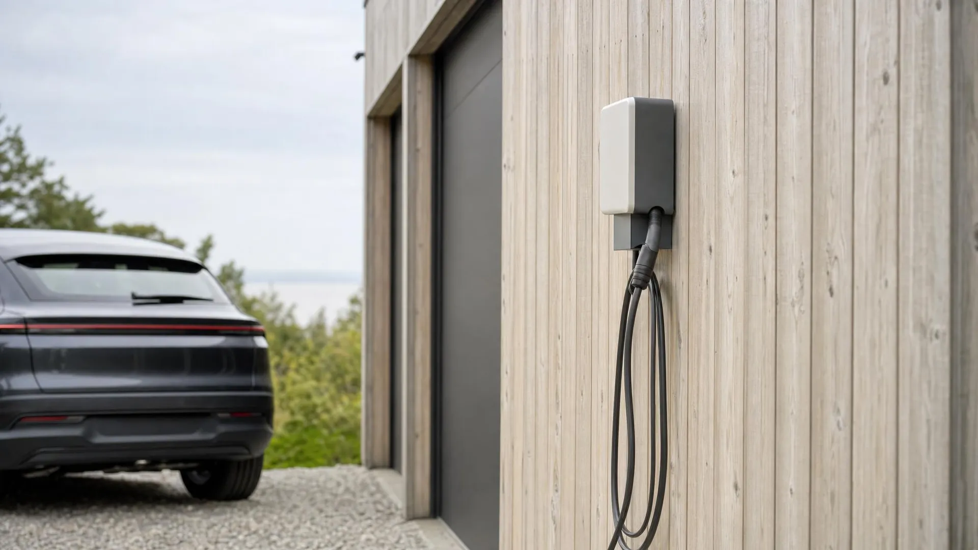 Laddbox på en garagevägg intill en elbil i lugnt ljus