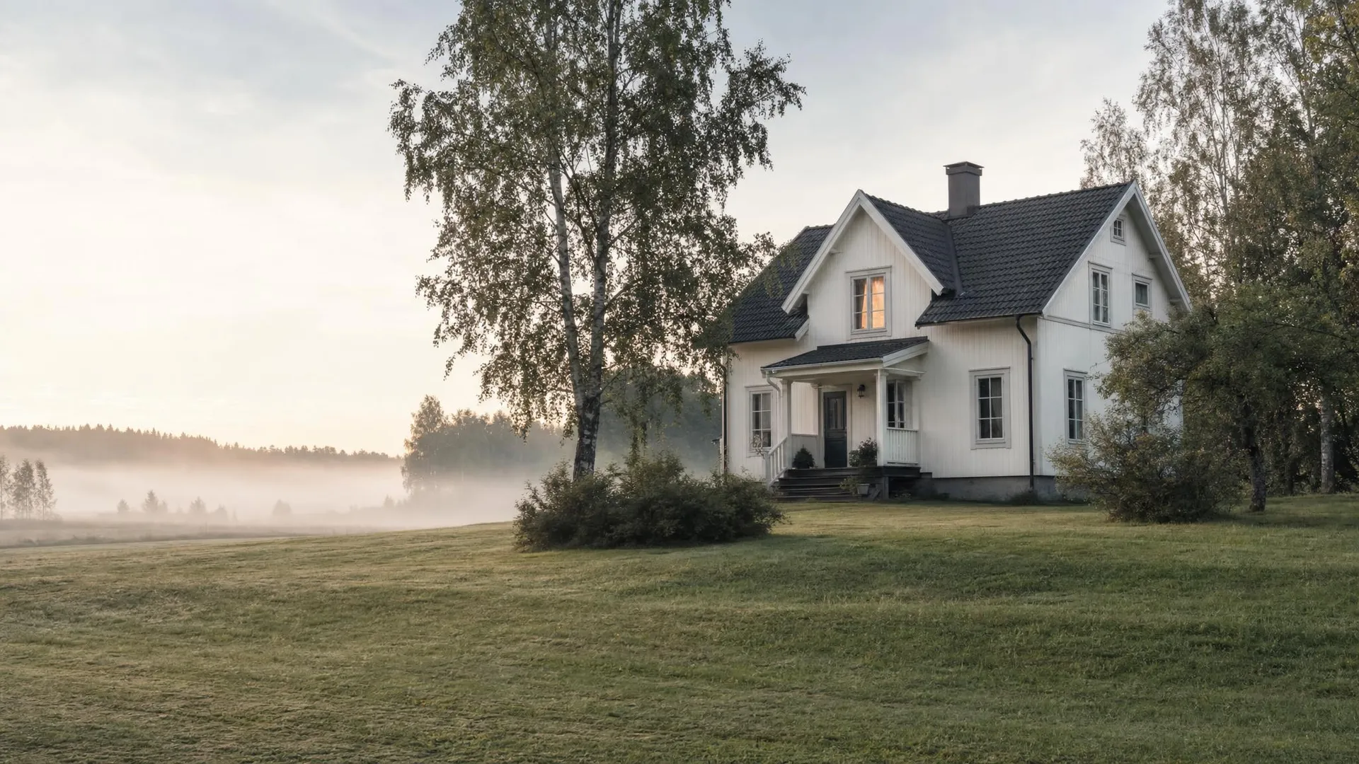Svensk trävilla i mjukt morgonljus med varma fönster och en lugn trädgård