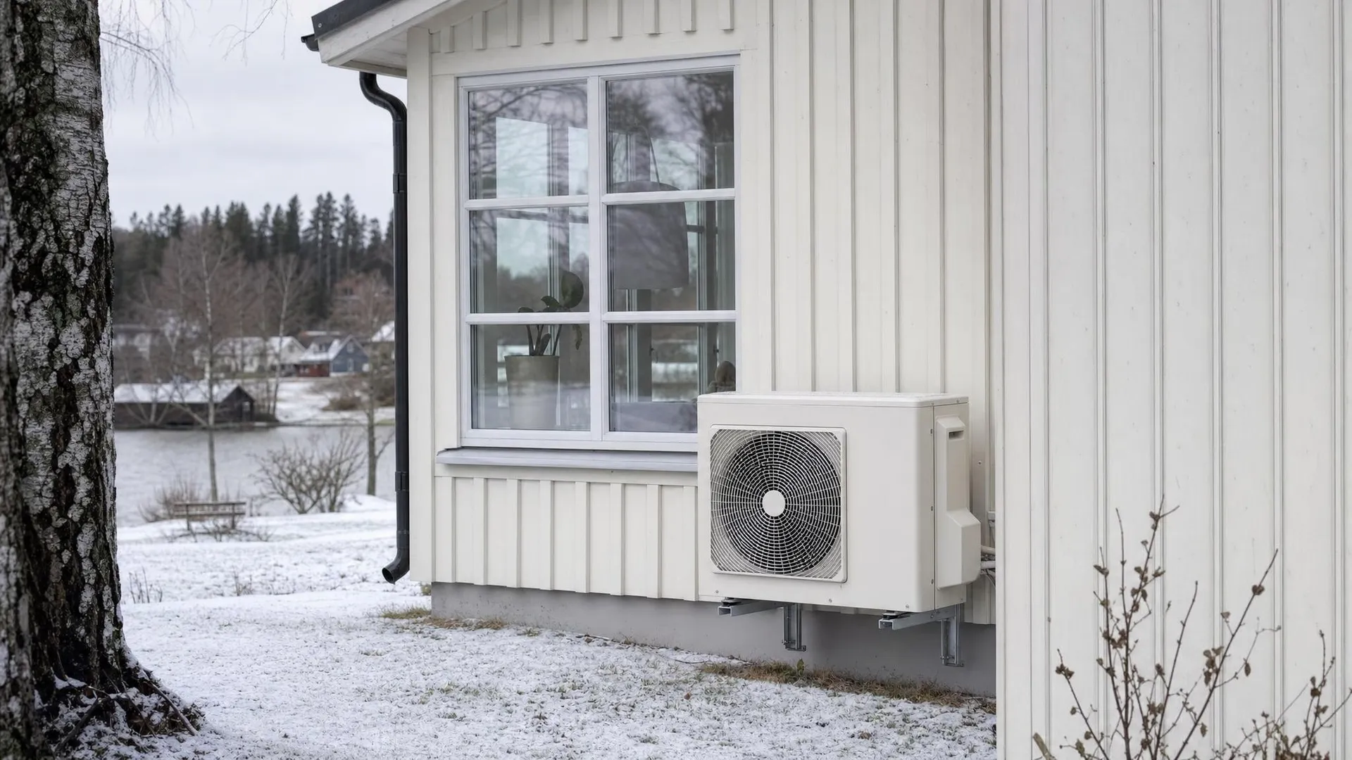 Utomhusenhet till en värmepump på en trävilla med lätt snö i vinterljus