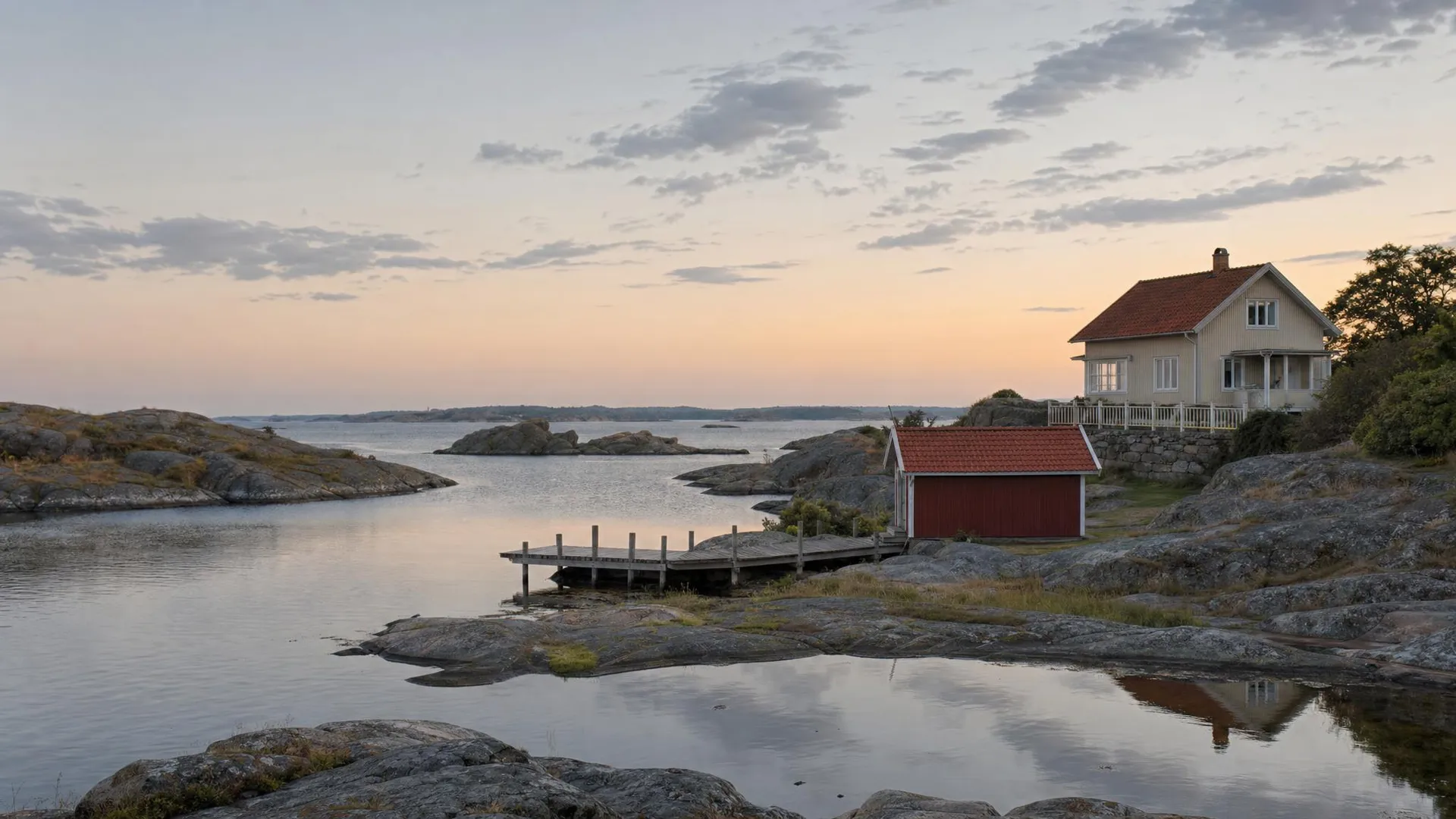 Blekingeskärgård med granitskär, rött sjöbod och trävilla i Blekinge län