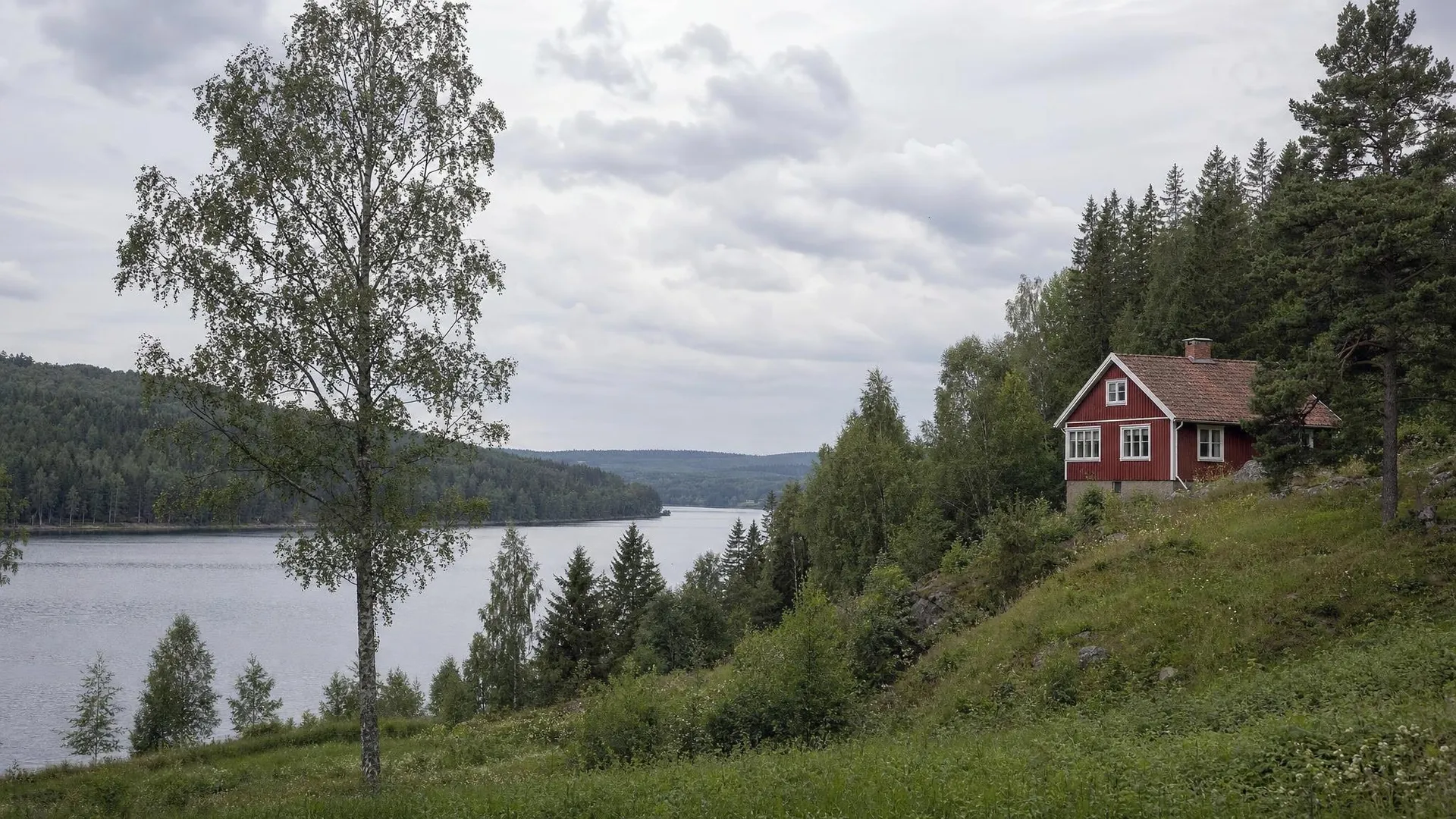 Småländskt höglandslandskap med sjö, rött torp och granskog i Jönköpings län