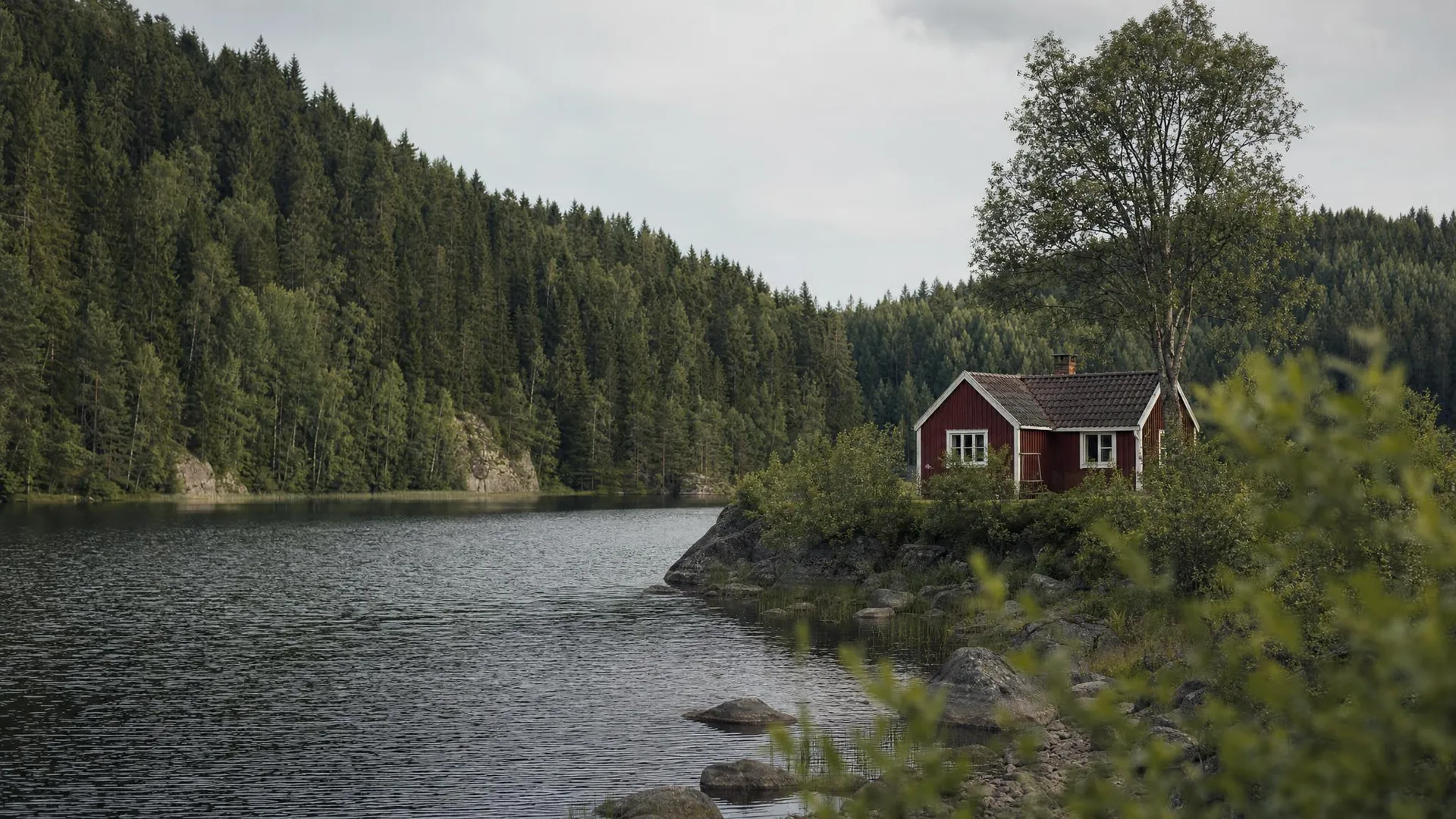 Skogssjö med rött stuga och granåsar i Värmlands län